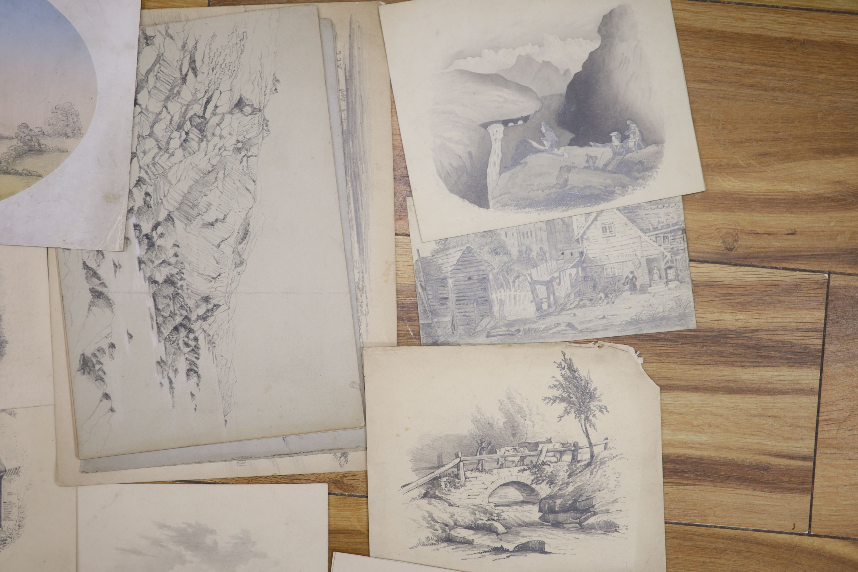 A group of assorted Victorian pencil topographical views, largest 28 x 20cm, unframed